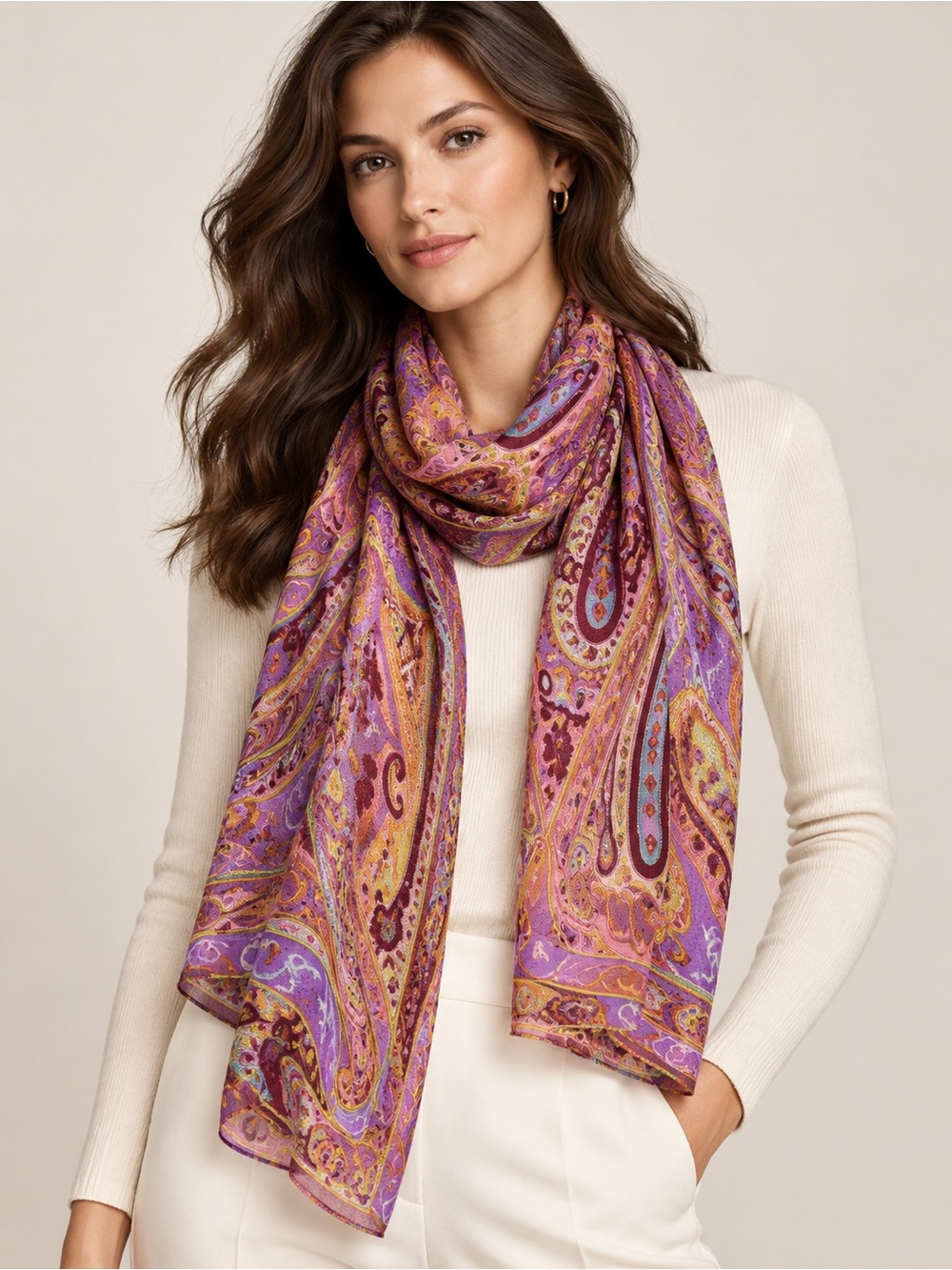 Etro Paisley Silk Wool Scarf Purple Pink Gold Luxury Designer 17x52